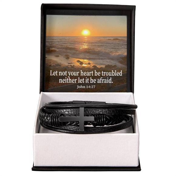 Let Not Your Heart be Troubled John 14:27 Men's Stainless Steel & Vegan Leather - Picture 1 of 2